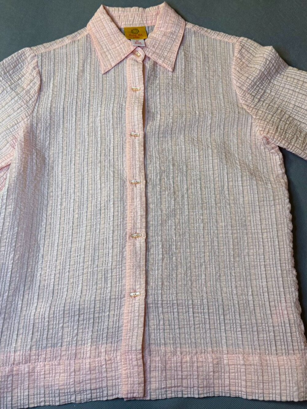 Ruby Rd. Sheer Crinkled Soft Pink 3/4 Sleeve Button-Down
